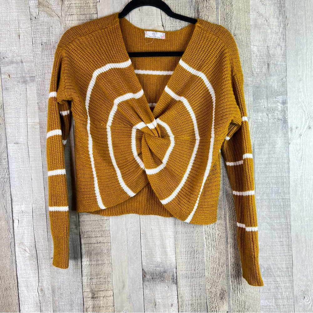 FCT with Love Medium Twisted Front V-Neck Long Sleeve Dark Mustard White…